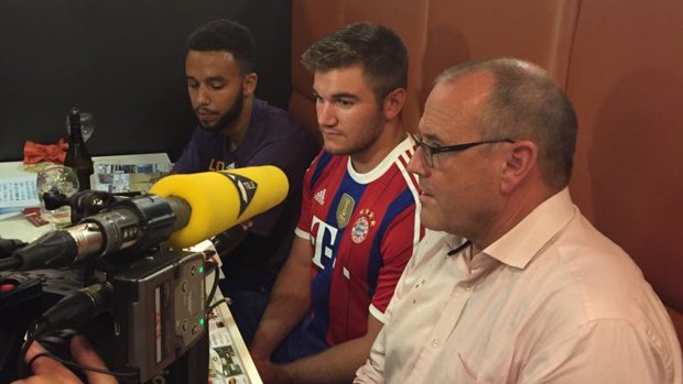 From left to right: Anthony Sadler, Alek Skarlatos and  Chris Norman tell a press conference at Arras City Hall of the events on the Thalys train from Amsterdam to Paris.