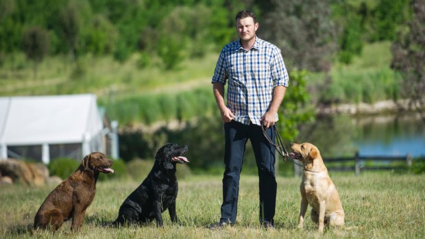 Jayson Mesman is the new owner of Canberra's only truffle farm, purchasing it from the founder, Sherry McArdle-English. He is pictured on the farm with his truffle hunting dogs, Willow, Samson and Dingo. Photo: ELESA KURTZ
