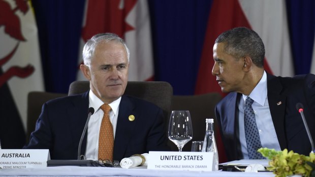 Mr Turnbull and US President Barack Obama - pictured at the Asia-Pacific Economic Cooperation summit in November - will meet in the Oval Office on Tuesday, local time