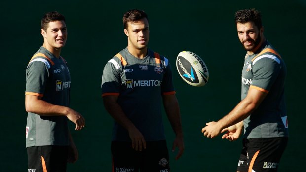 Three's a crowd: The highly-touted Tigers trio of Mitchell Moses, Luke Brooks and James Tedesco training at Concord Oval.