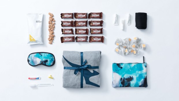 The gift packs contain business class pyjamas, a business class amenity kit with ASPAR products, 12 Tim Tams, a 200 gram pack of smoke almonds and 10 T2 lemongrass and ginger teabags.