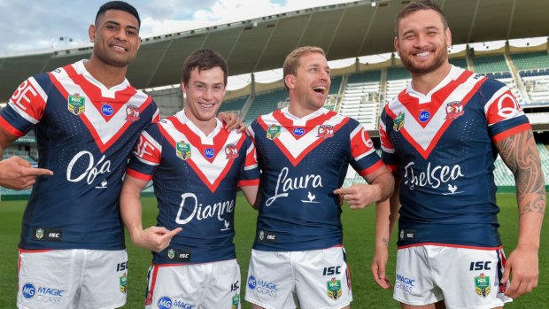 Roosters players Daniel Tupou, Luke Keary, Mitchell Aubusson and Jared Waerea-Hargreaves sporting the jerseys dedicated to the Women in League Round.