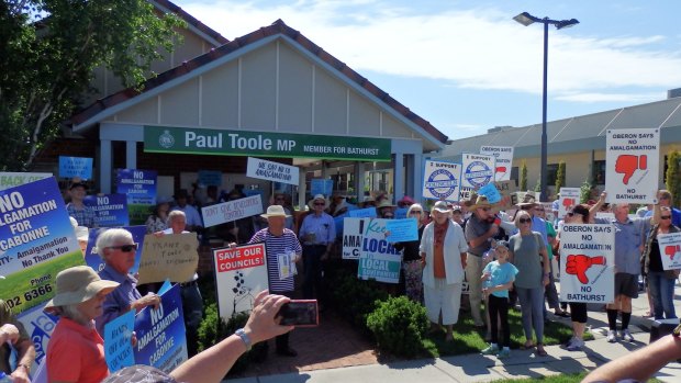 An anti-merger protest outside Bathurst MP Paul Toole's office last year.