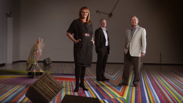 Hamish Balnaves (centre), with former Venice Biennale commissioner Naomi Milgrom and his philanthropist father Neil Balnaves.