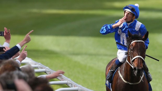 Plaudits: Hugh Bowman and Winx return to scale after winning the 2016 Cox Plate. 