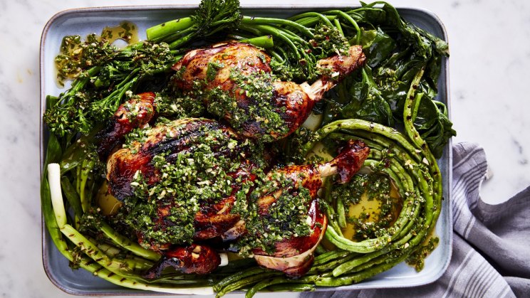 Adam Liaw's barbecued chicken with charred greens and chimichurri