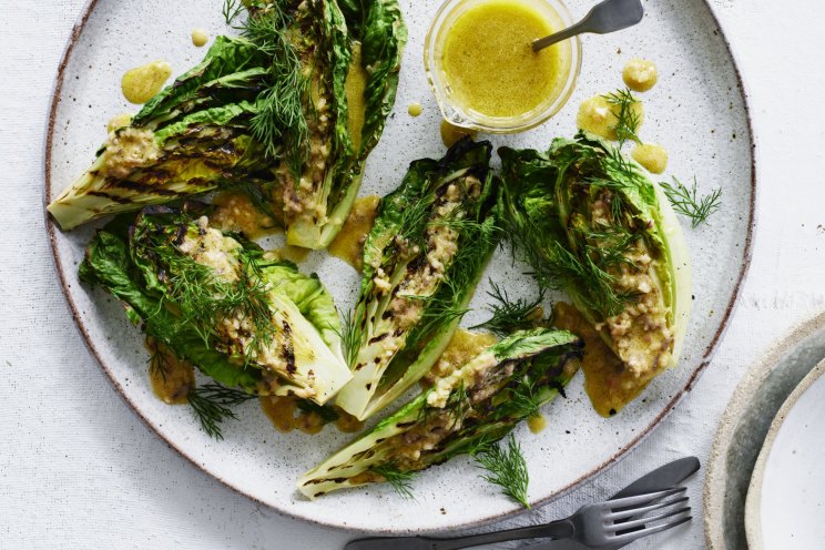 Adam Liaw's grilled gem lettuce with anchovy vinaigrette