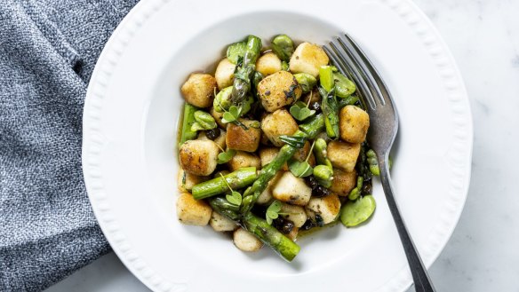Gnocchi Parisienne with burnt butter and spring vegetables.