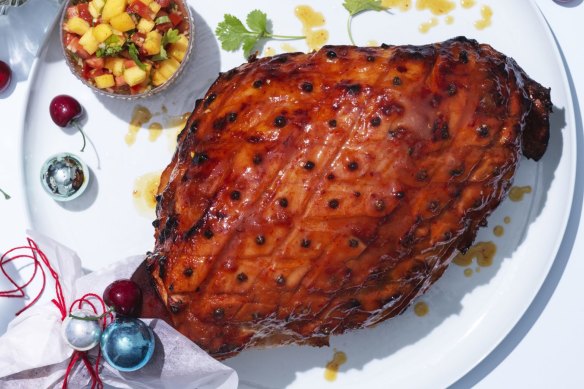 Mango and chilli-glazed ham with tomato and mango sambal (top left).