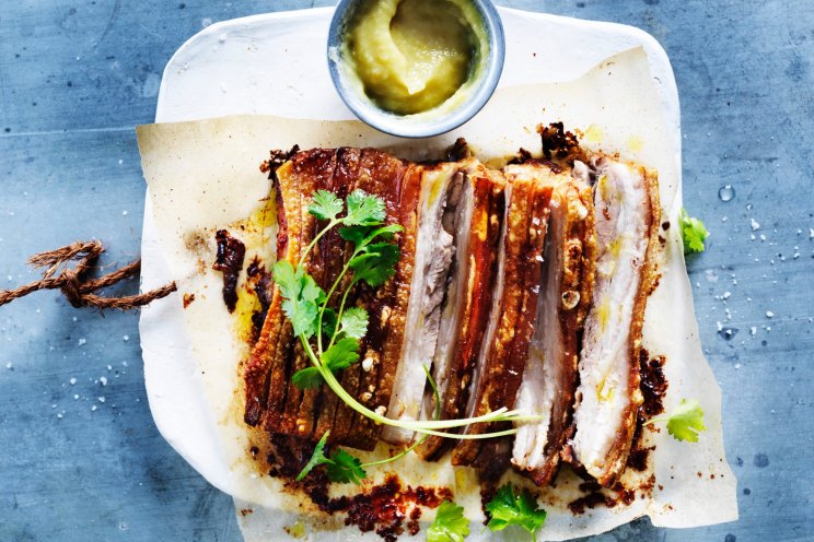 Quick roast pork belly and sour apple sauce