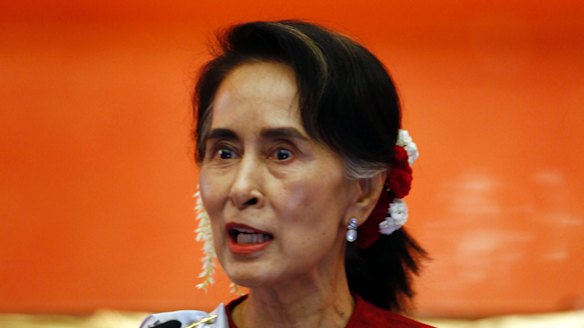 Myanmar State Counsellor Aung San Suu Kyi speaks during the "Peace Talk" conference in Myanmar on January 1.