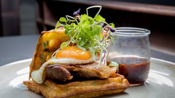 Cheffy brekkie: Confit duck leg waffles at Code Black.