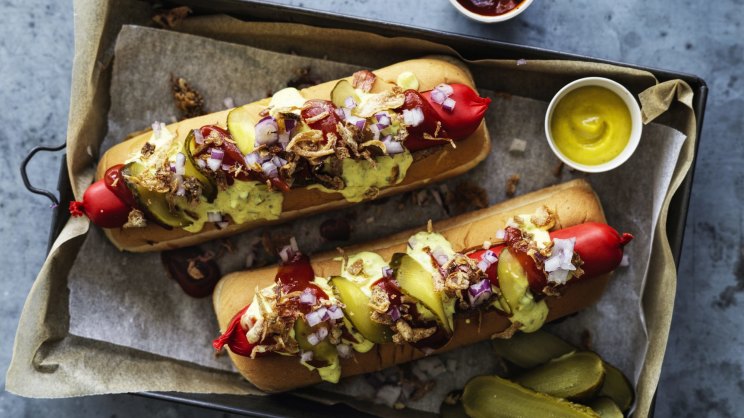 Ultimate Gourmet Hot Dog: Mustard Aioli, Pickled Onions