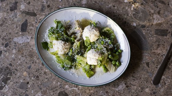 Ricotta gnocchi, fresh broad beans and vignarola of spring vegies at The Hardware Club, Melbourne.