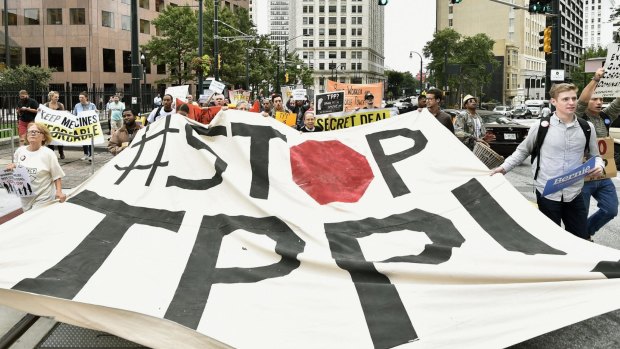 Growing discontent with 'free trade' deals in the US: An anti-TPP protest last year in Atlanta, Georgia.