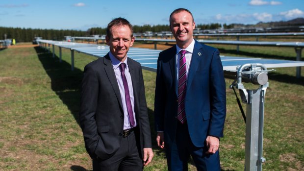 Shane Rattenbury and Andrew Barr at Majura solar farm in September.