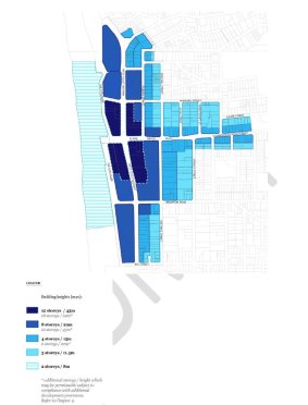 A breakdown of maximum building heights plan in the Scarborough beach zone (storey allowance from darkest blue to light: 12, 8, 4, 3, 2 .)