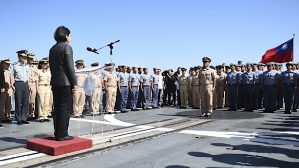 Taiwan President Tsai Ing-wen speaking to naval officers.