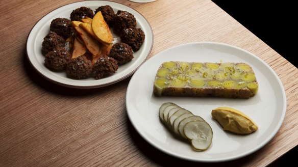 Falafel with apple kimchi; leek terrine with cashew butter and pickles.