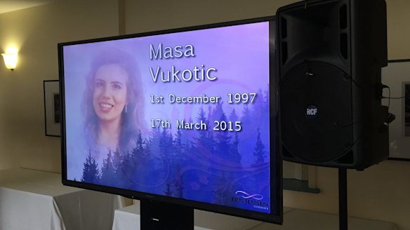 A screen at the funeral for slain schoolgirl Masa Vukotic.
