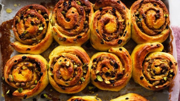 Saffron adds a yellow hue to these sticky swirls.