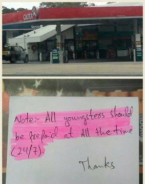 Rebecca Forrest snapped a photo of this sign on display at a Canberra Caltex service station. She believes it to be discriminatory towards younger people.