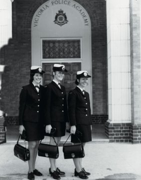 Times have changed: The new uniform issued in 1972 with custom-made handbags large enough to carry batons: (from left) Constable Judith Hughes, Christine McIntyre and Evadina (Di) Ringma.
