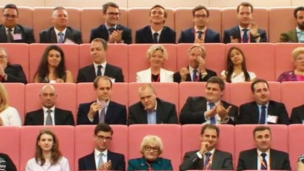 Christopher Koch (centre) in Parliament House to watch the maiden speech of Victorian Senator James Paterson.
