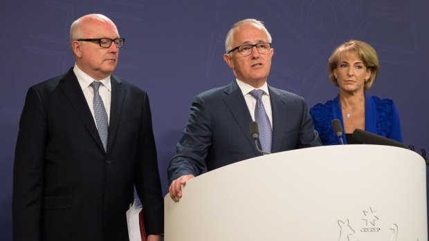 Prime Minister Malcolm Turnbull, Minister for Employment, Senator Michaelia Cash, and Attorney-General Senator George Brandis address the media after the release of the final report from the Royal Commission into Trade Union Governance and Corruption in Sydney.