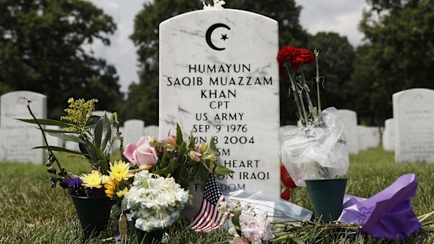 The tombstone of US Army Captain Humayun Khan in Section 60 at Arlington National Cemetery in Arlington, Virginia.