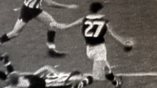 St Kilda's Barry Breen kicking the club's most famous point in 1966.