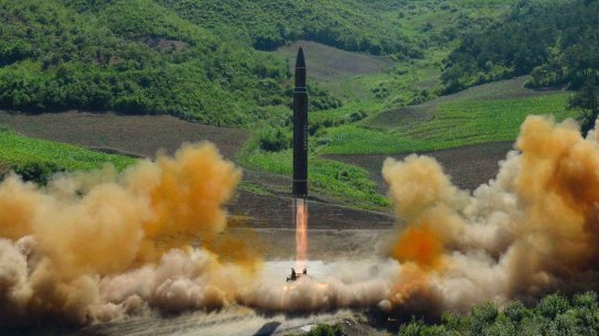 A Hwasong-14 intercontinental ballistic missile launch in North Korea's northwest.