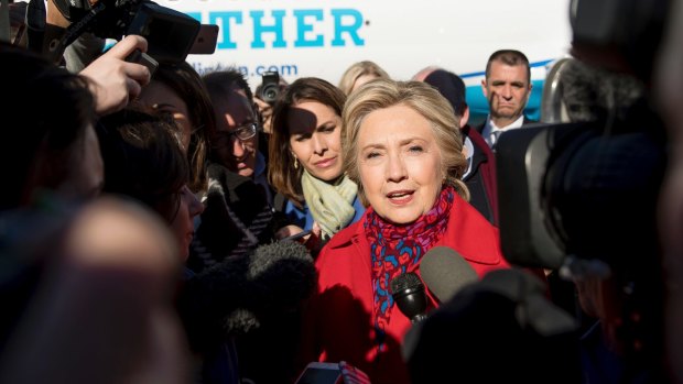 Democratic presidential candidate Hillary Clinton speaks to reporters on Monday.