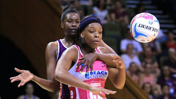 Queensland Firebirds' Romelda Aiken and Adelaide Thunderbirds' Eboni Beckford Chambers.