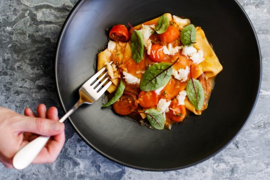 Spanner crab, zucchini and tomato lasagnette.