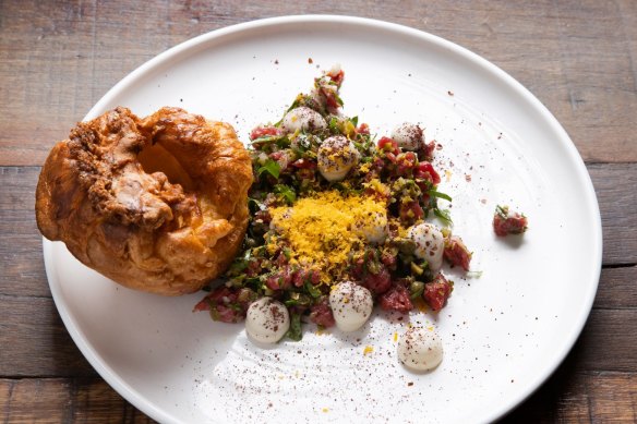 Steak tartare with oyster cream and Yorkshire pudding.