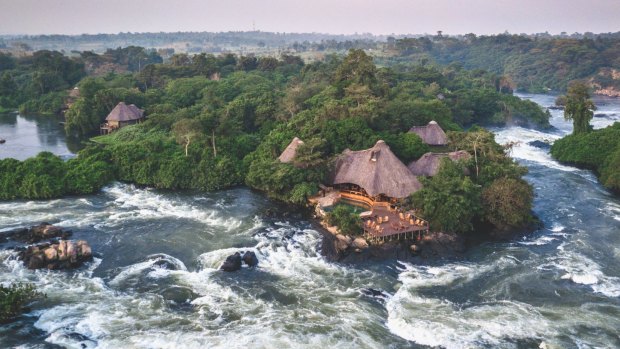 The lodge is surrounded by roaring white water.