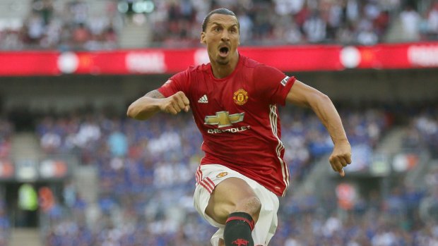 Manchester United's Zlatan Ibrahimovic celebrates after scoring a goal during the Community Shield soccer match between Leicester and Manchester United at Wembley stadium.