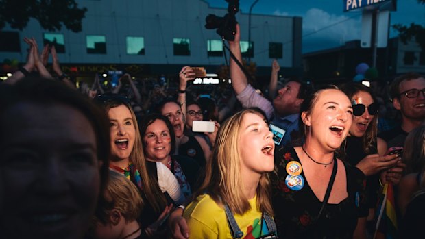 Braddon street party to celebrate the marriage equality vote result. Emma Roff and Madeleine Dove