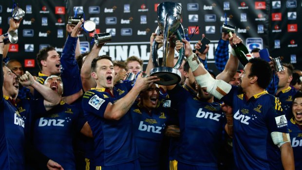 New challenge: Ben Smith and Nasi Manu of the Highlanders hold up the trophy following their Super Rugby Final victory in 2015.