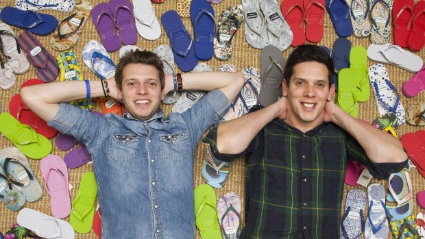 Tsunami kids ... British orphans and entrepreneurs Paul (left) and Rob Forkan donate 10 per cent of profits for the sale of each pair of thongs to charity.