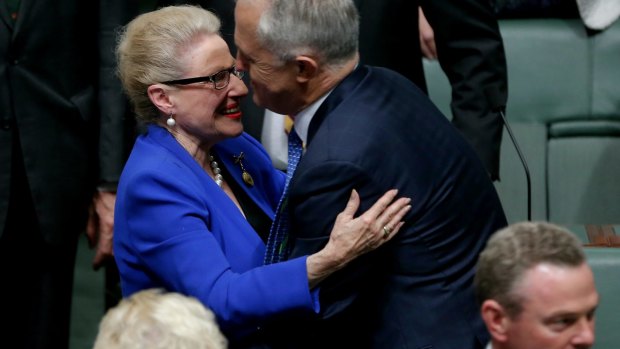 Former speaker Bronwyn Bishop is congratulated by Prime Minister Malcolm Turnbull after delivering her valedictory in the House of Representatives in May, 2016. 