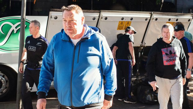 Bugged: All Blacks coach Steve Hansen and his team leave the Intercontinental Hotel in Double Bay after the listening device was found last year.