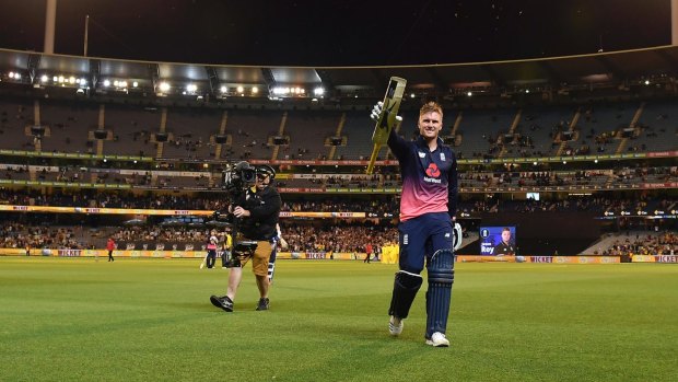 Big bash: England's Jason Roy walks off the MCG field after being dismissed for 180 runs.