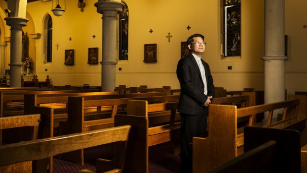 The new Bishop of Parramatta Vincent Long Van Nguyen in Mary MacKillop Chapel in North Sydney. Bishop Long was a Vietnamese refugee who arrived in Australia after a perilous boat journey.