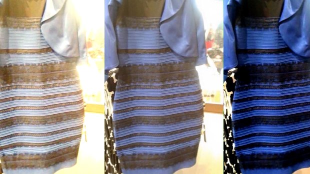 The dress that changed colour. The original image is in the middle. At left, white-balanced as if the dress is white-gold. At right, white-balanced to blue-black.
