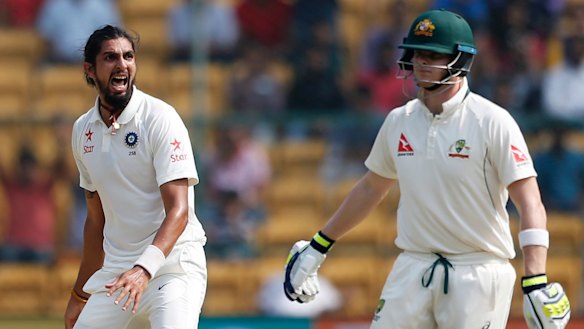 Rattle the cage: the Indian bowlers, including Ishant Sharma (left), gave Australian captain Steve Smtih no respite from the moment he took guard.