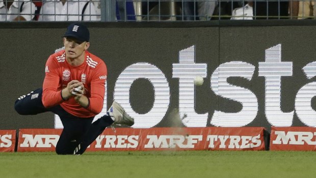 England's substitute fielder Sam Billings drops West Indian batsman Marlon Samuels.