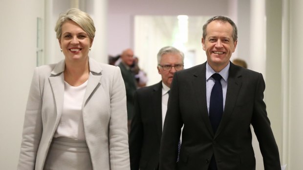 Tanya Plibersek and leader Bill Shorten arrive for the Labor caucus meeting on Friday.