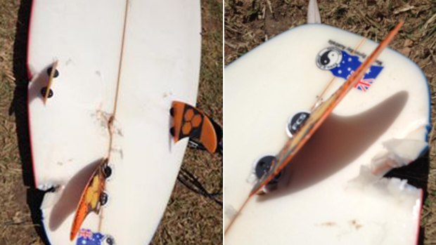 A photo on Facebook, believed to be the board of the man bitten by a shark at Ballina on Wednesday. 